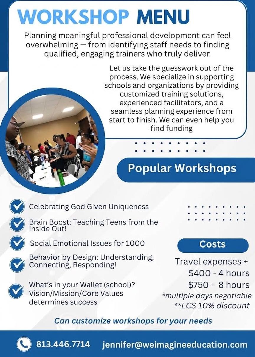 Imagine Education Institute workshop menu flyer